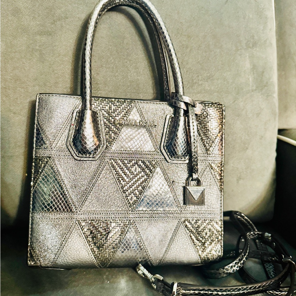 Michael Kors Silver Satchel with Textured Finish